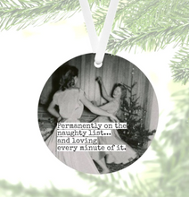 Load image into Gallery viewer, black and white photo, 1950&#39;s, two women dancing near a Christmas tree printed on round ornament
