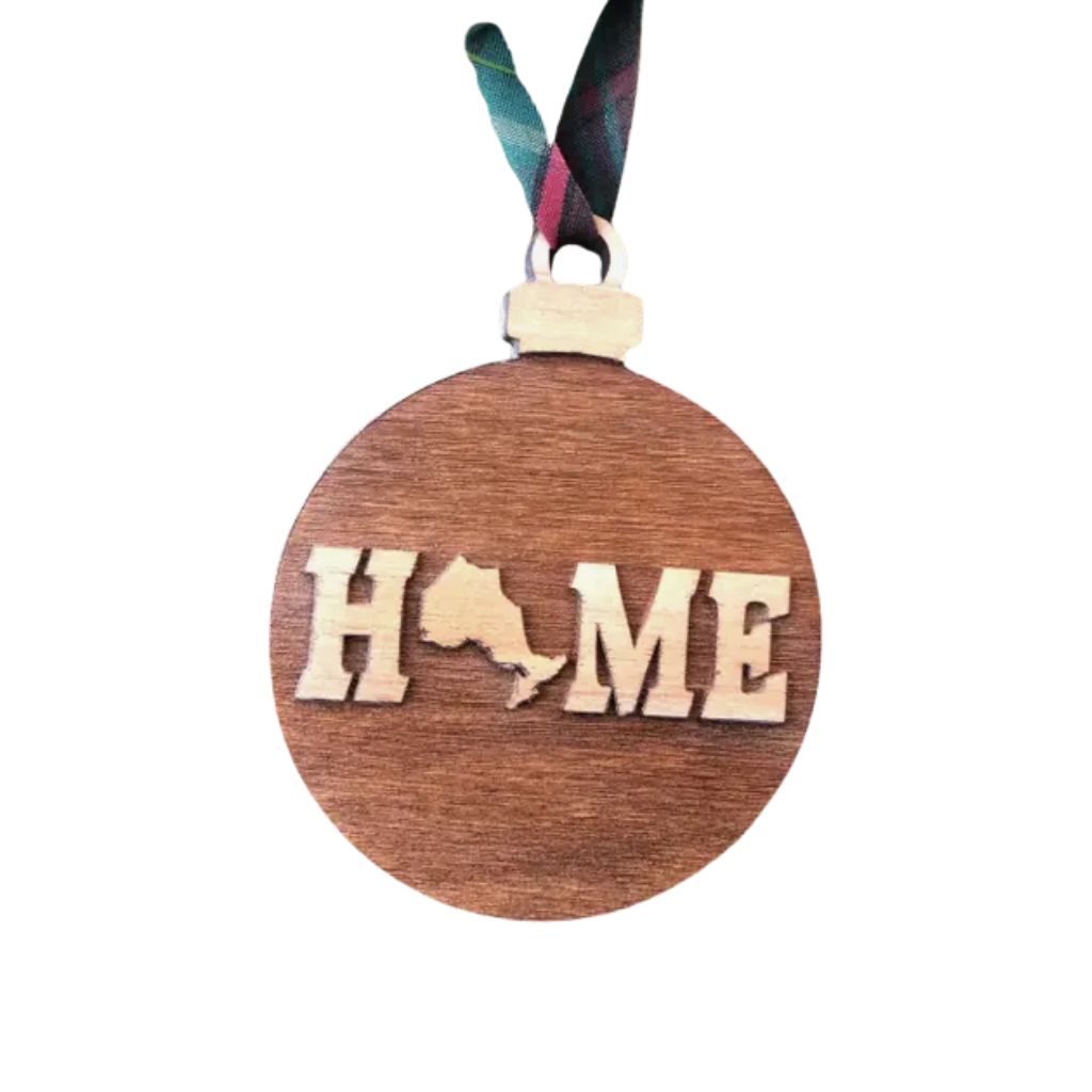 Wooden ornament with Ontario  'HOME' and a map of Australia on a white background