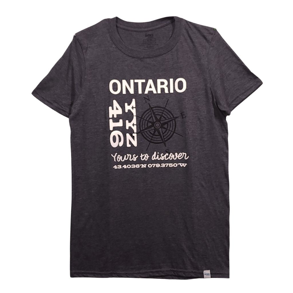 Dark gray t-shirt with 'Ontario 416' text and compass design on a white background