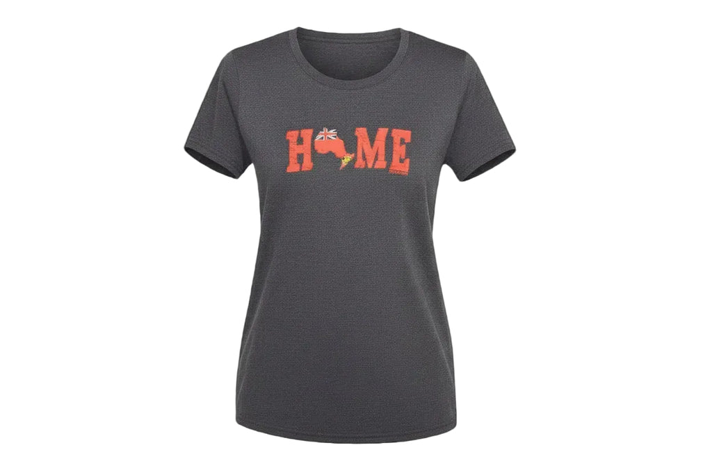 Blue haze  t-shirt with 'HOME' in red and an Ontario flag design on a white background