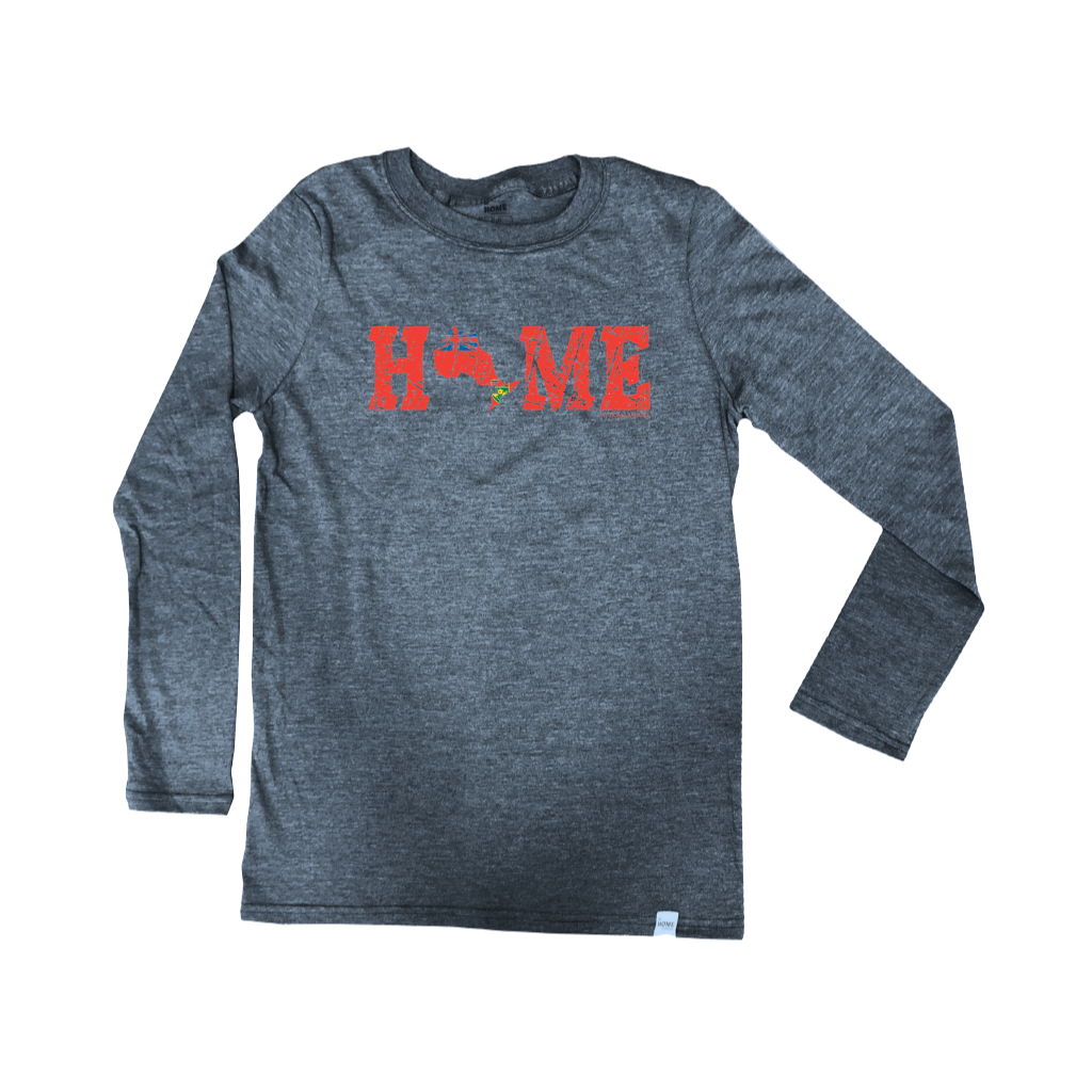 A dark heather gray long-sleeve t-shirt with a red graphic on the chest spelling 'HOME' where the 'O' is shaped like the province of Ontario