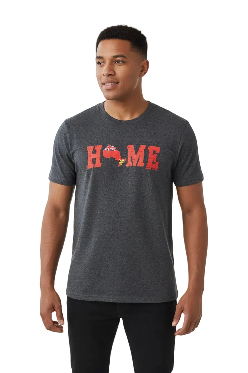 Blue haze t-shirt with 'HOME' in red and an Ontario flag design on a white background