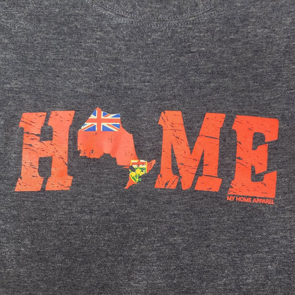 Blue haze t-shirt with 'HOME' text in red featuring map and flag