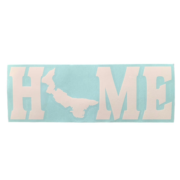 A rectangular decal or sticker with the word 'HOME' in large white letters on a light aqua background, where the letter O is replaced by a white silhouette shape of Prince Edward Island