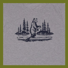 Load image into Gallery viewer, close up of screen printed grey T-Shirt with Bear on paddle board, trees in the background
