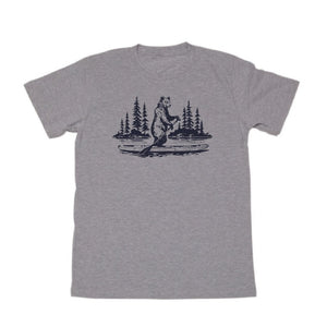 grey T-Shirt with Bear on paddle board, trees in the background