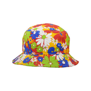 Colourful Bucket hat with bright red, green, white, orange & blue daisies