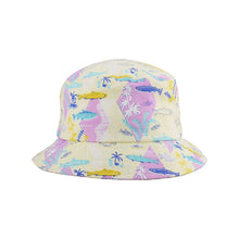 Load image into Gallery viewer, Bucket hat with underwater fish theme with yellow, blue and pink colours
