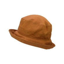 Load image into Gallery viewer, copper coloured linen Bowler hat with rolled up brim

