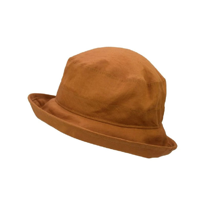 copper coloured linen Bowler hat with rolled up brim