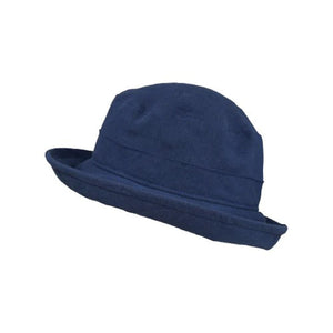 navy coloured linen Bowler hat with rolled up brim