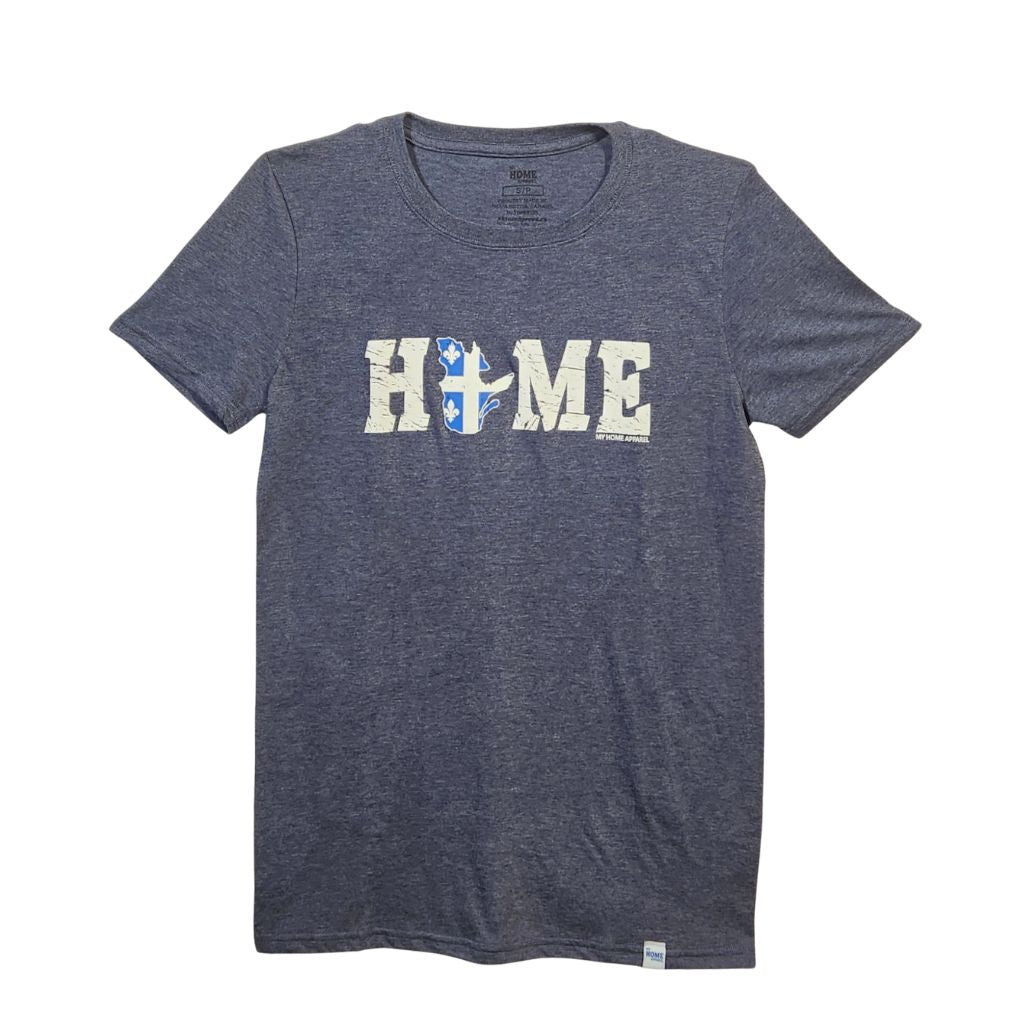 Blue t-shirt with Quebed 'HOME' text design on a white background