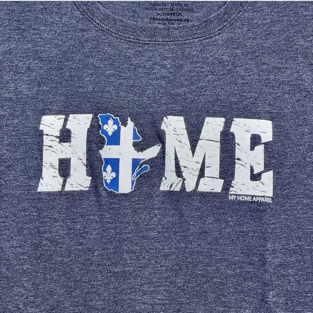 Navy blue t-shirt with Quebec 'HOME' text and a blue and white design on a dark background