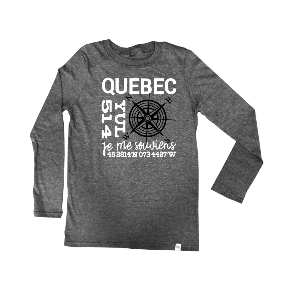 black haze long sleeve t shirt with Quebec wtten in white and a black compass, area code, airport code, coordinates