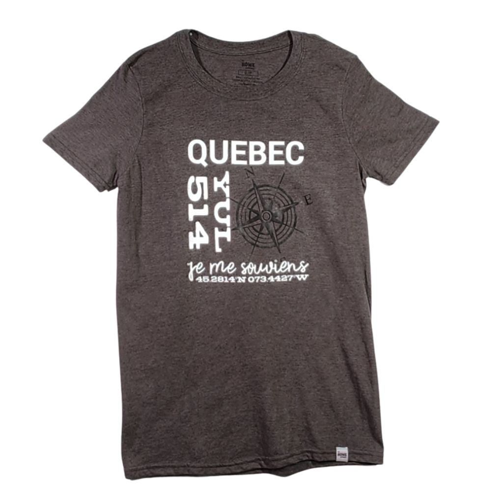 Dark gray t-shirt with white text and graphics on a white background
