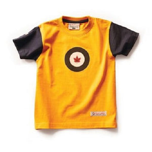 yellow t shirt with dark blue circle white centre and red maple leaf and has dark blue short sleeves