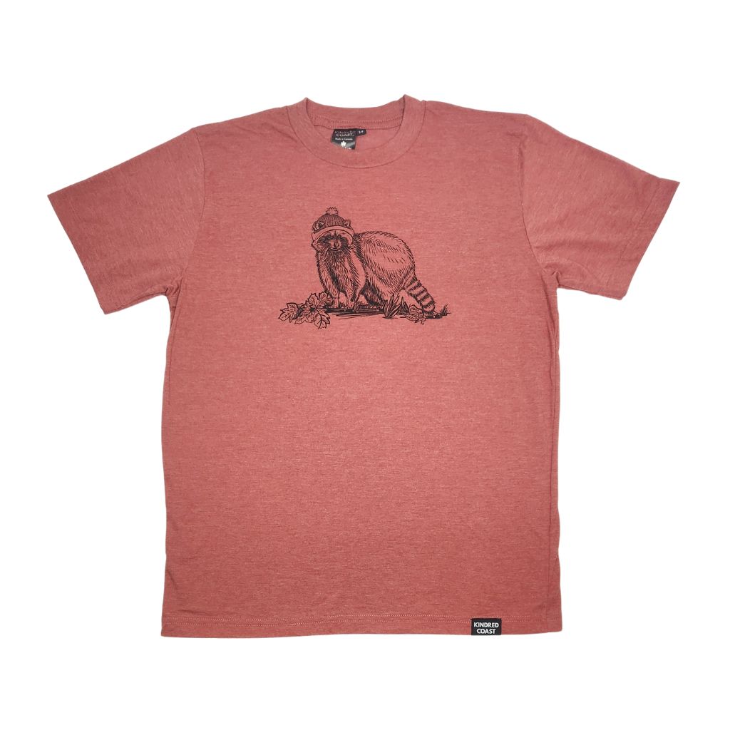 red t-shirt with a black print of a raccoon on a white background