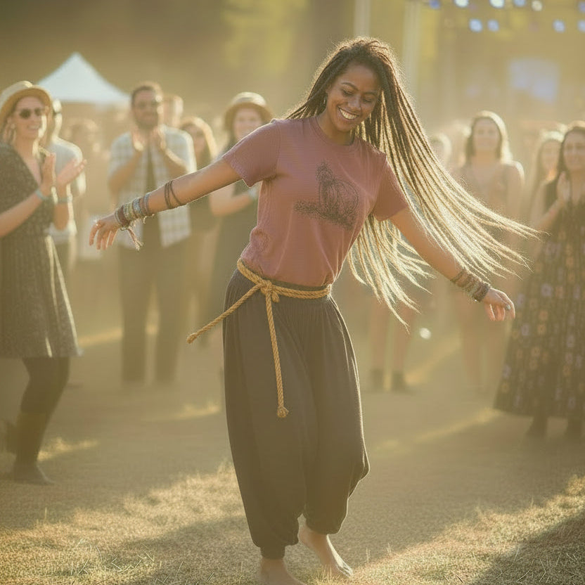 girl dancing at a festival wearing a raccoon red shirt