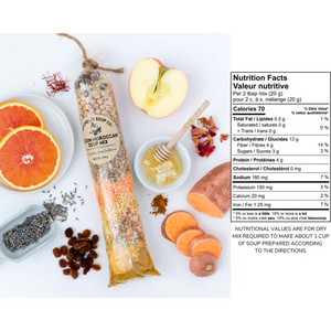 variety of ingredients around a bag filled with spices & more beside nutrition facts list
