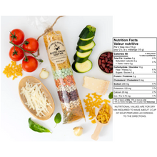 Load image into Gallery viewer, variety of fresh ingredients around bag filled with spices &amp; more beside a list of nutritional facts
