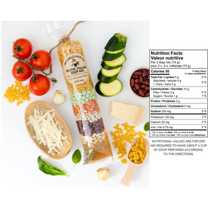 variety of fresh ingredients around bag filled with spices & more beside a list of nutritional facts