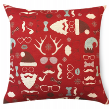 Load image into Gallery viewer, red throw cushion with hip style Santa, elf &amp; deer heads - sunglasses, mustaches
