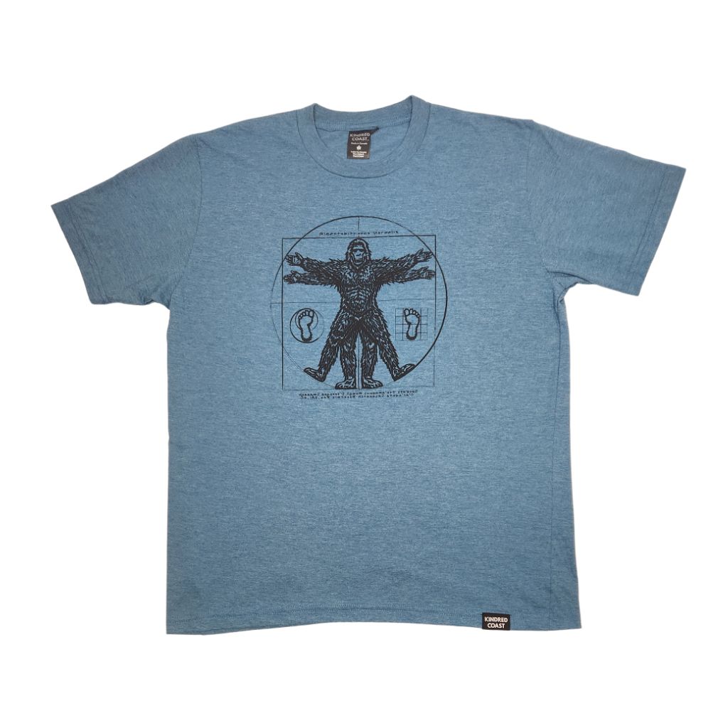 blue t-shirt with Sasquatch Vitruvian design on white background