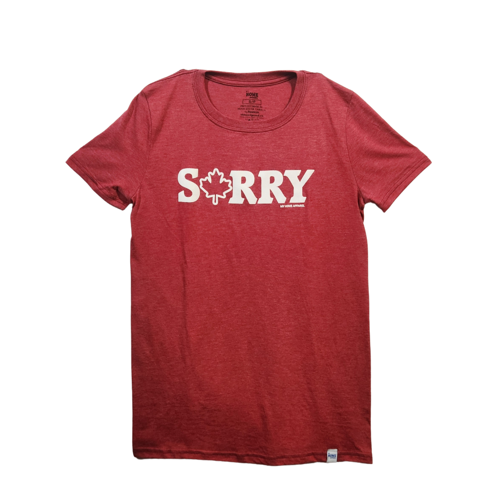 Red t-shirt with 'SORRY' text and a maple leaf on a white background