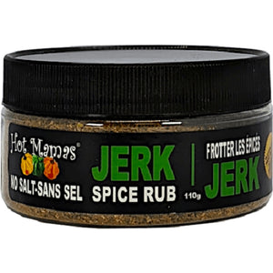 clear short round jar with black label and lid. 110g "Jerk" written in green
