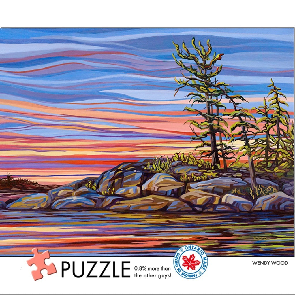Colorful landscape puzzle with trees and rocks by a body of water, featuring the Ontario Nature logo.