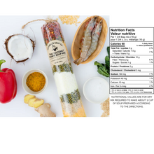 Load image into Gallery viewer, variety of fresh ingredients around a bag filled with spices &amp; more beside a list of nutrition facts
