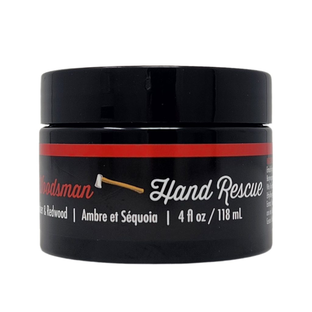 Black jar of 'Hand Rescue' with a red label on a white background