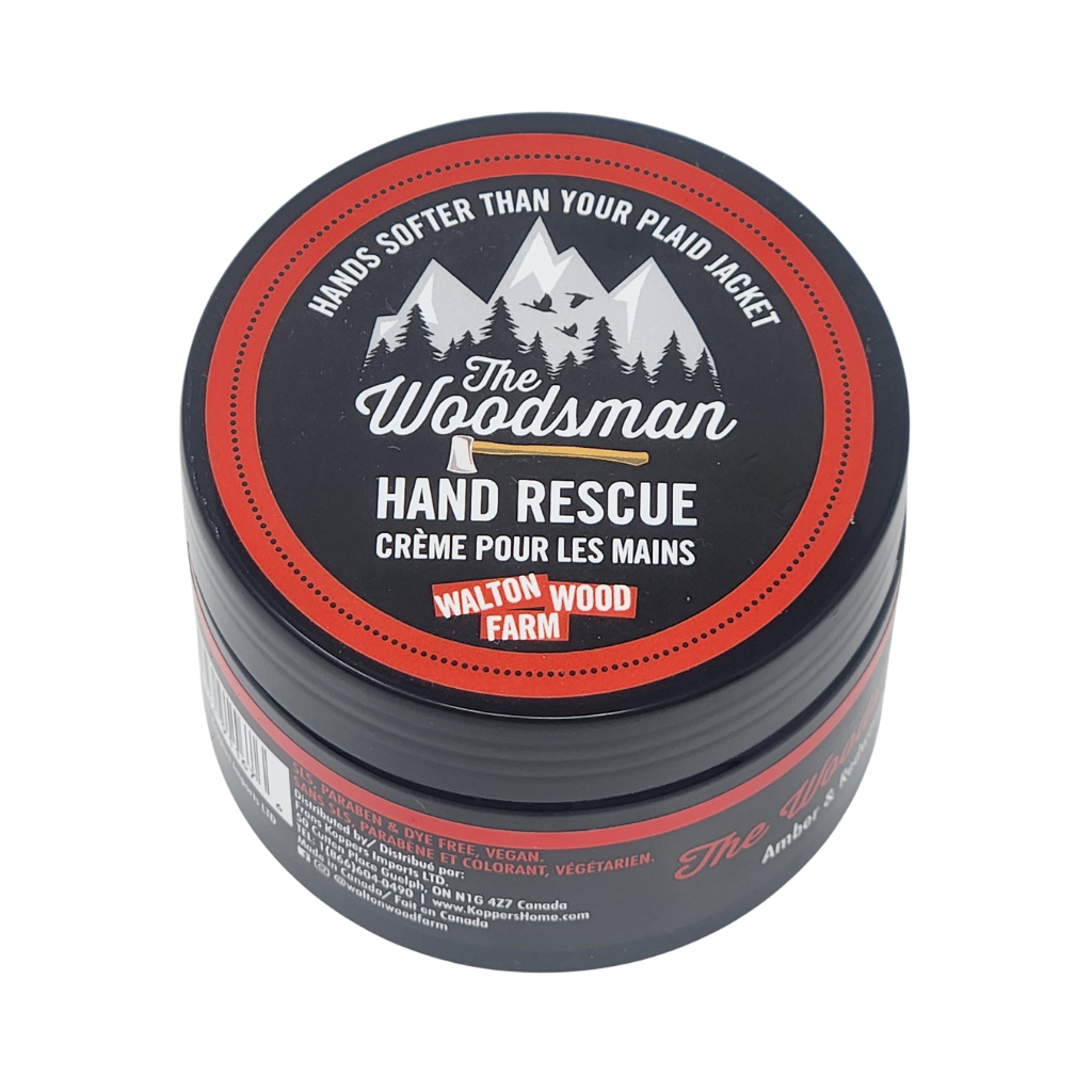 Hand rescue cream container with 'The Woodsman' branding on a white background