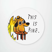 Load image into Gallery viewer, cartoon dog sitting with flames behind him beside some black lettering
