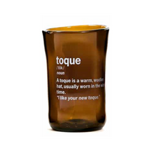 Load image into Gallery viewer, brown glass cup with toque and it&#39;s definition printed on it in white
