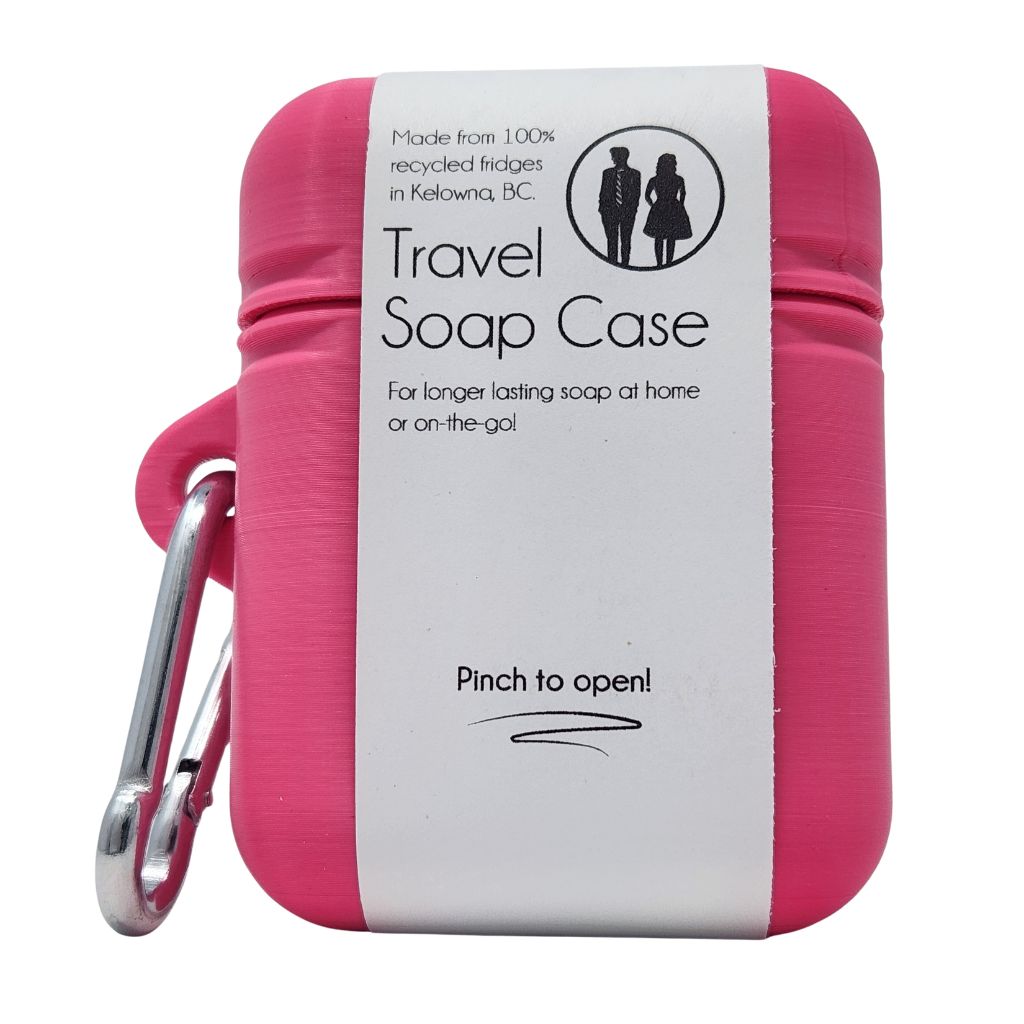 Pink travel soap case with a carabiner on a white background