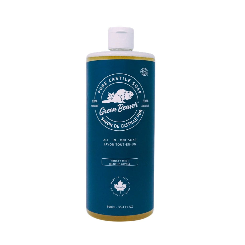 Blue bottle of Green Beaver Pure Castile Soap on a white background