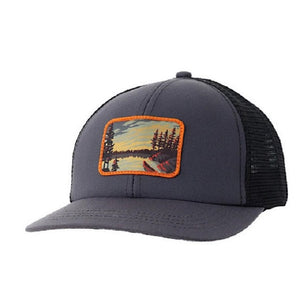 grey toned hat with a vintage look patch of a lake, trees and red canoe - trimmed in orange