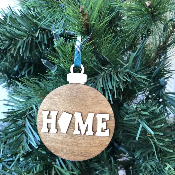 round  Alberta HOME Wooden Ornaments blue ribbon