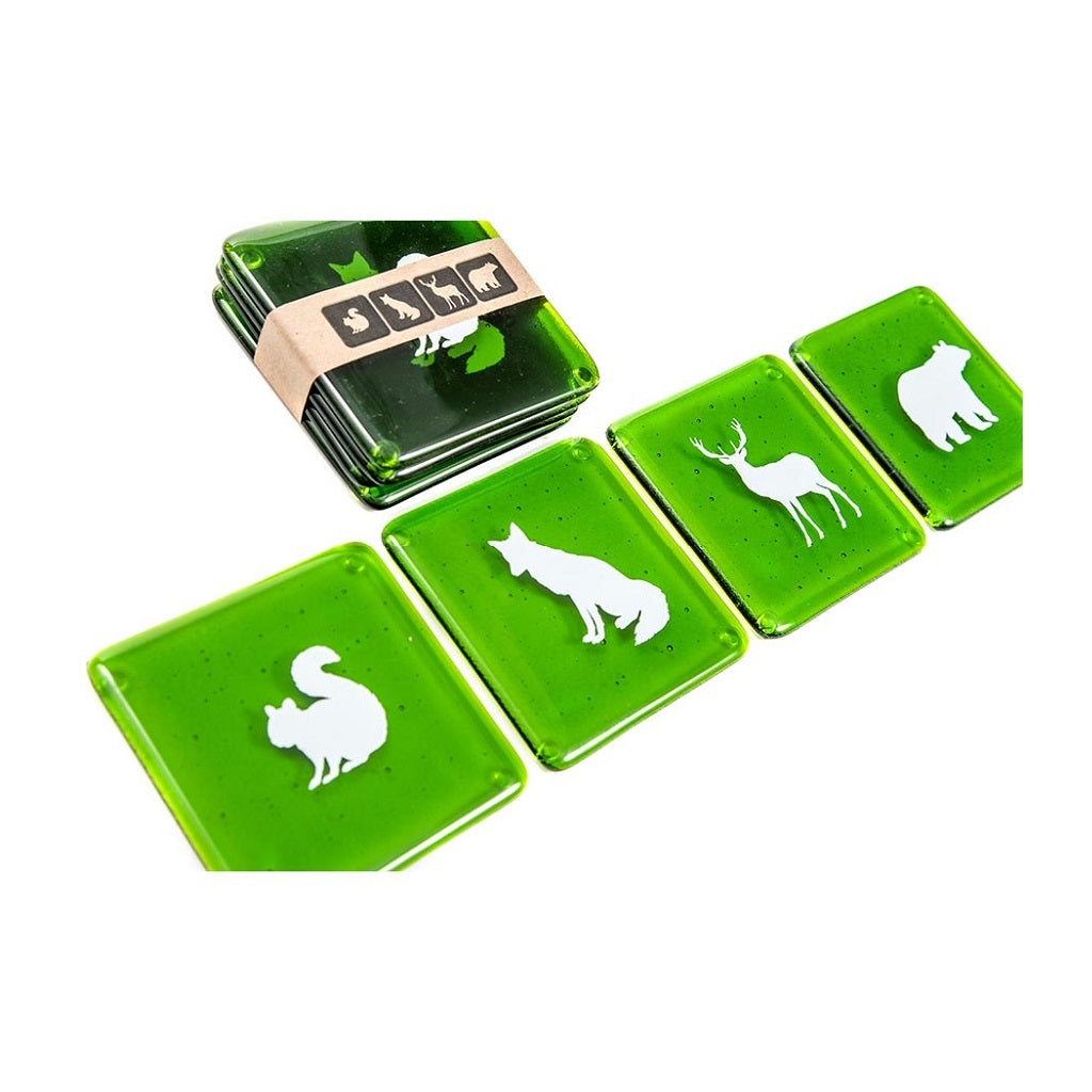 Coaster Forest Animals / Green Upcycled Glass with white graphics