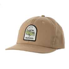 Load image into Gallery viewer, taupe coloured snap back hat with an off white patch trimmed in black with a Westfalia camper on it

