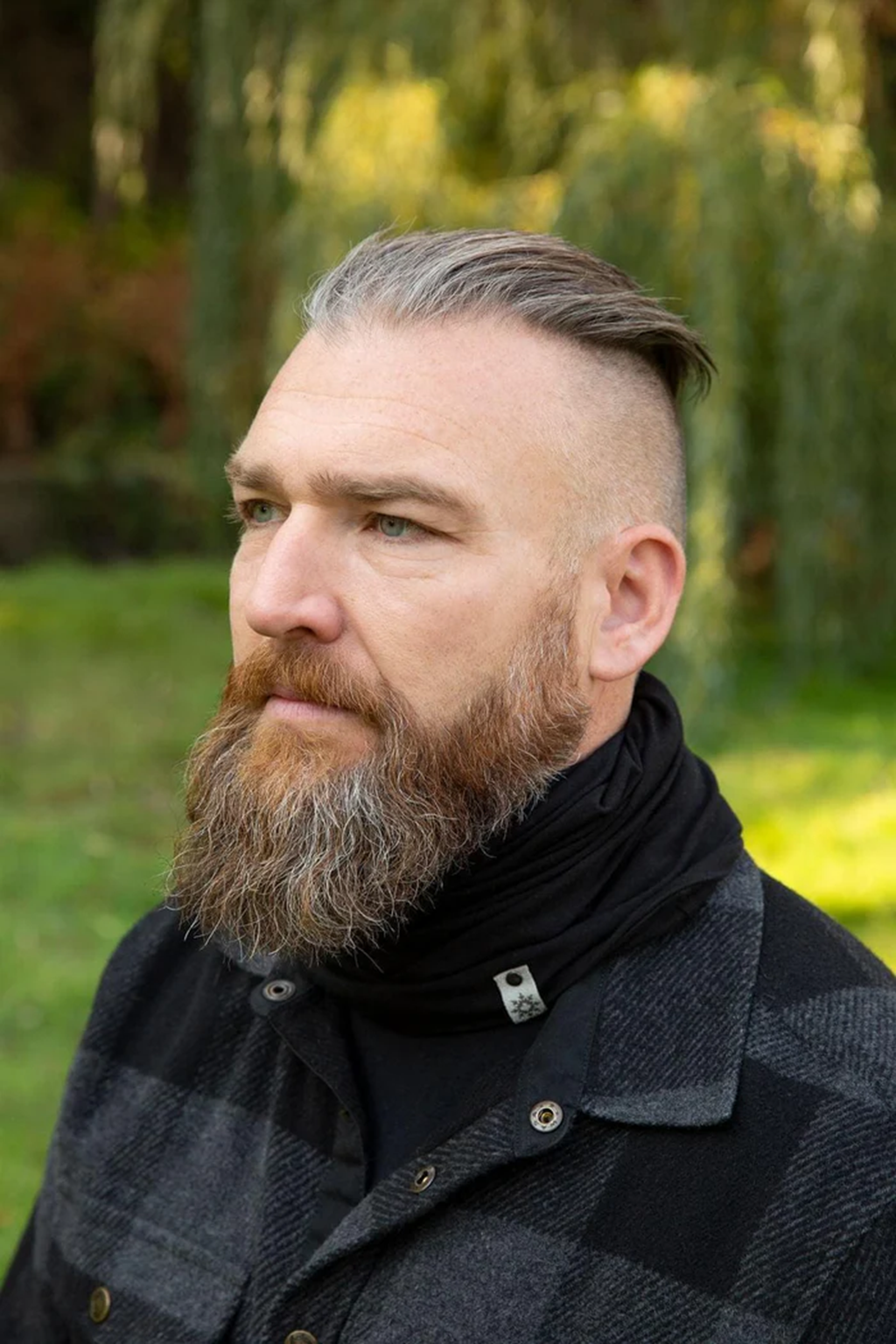 Man with beard wearing an Adult 5 Way Beanie outside as a neckwarmer