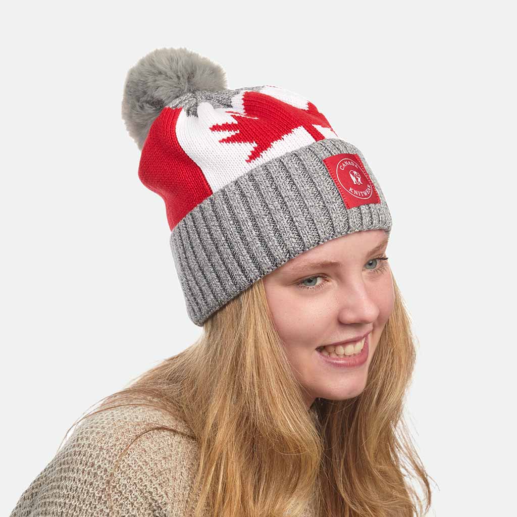 Canadian Knitwear scarf Gray / Maple Leaf Canada  &  Maple Leaf Cotton Toques with Pom -winter hat