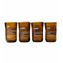 Load image into Gallery viewer, set of four brown glass cups with words printed on them in white
