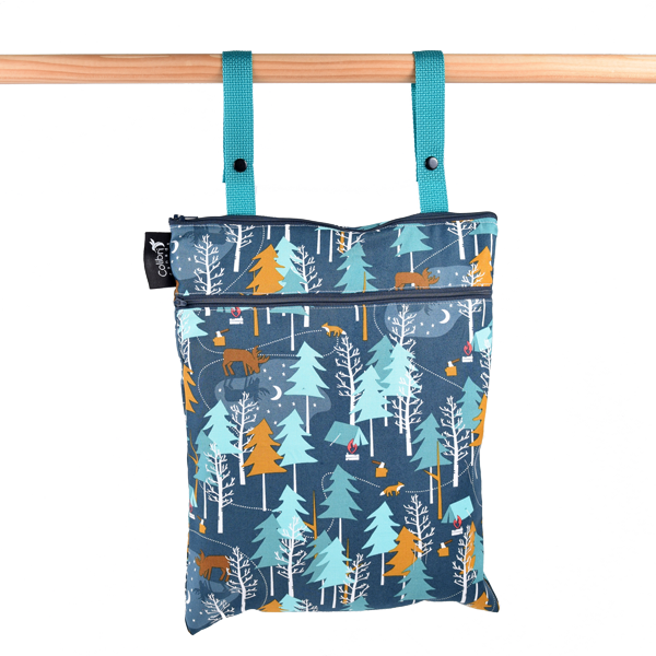 Double Duty Wet Bag hanging from straps with front and top zippers