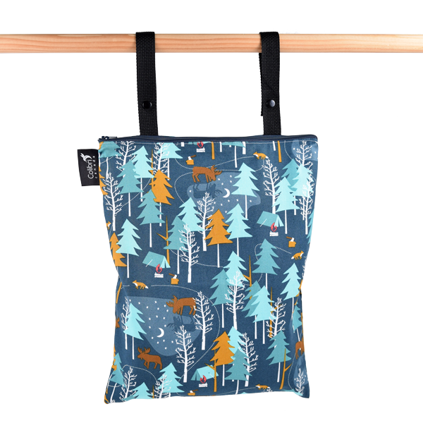 Double Duty Wet Bag hanging from straps with front and top zippers