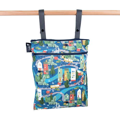 Double Duty Wet Bag hanging from straps with front and top zippers