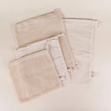 Load image into Gallery viewer, two different sizes of four cotton mesh produce bags laying on side
