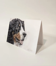 Load image into Gallery viewer, Bernese Mountain Dog head on the front of a greeting card partially open
