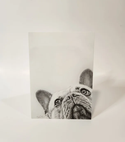 French Bulldog in bottom corner of card- just it's head looking up